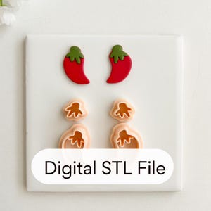 May include: A collection of red chili pepper and flower-shaped cookie cutters and finished products. The chili peppers have green stems. The text "Digital STL File" is displayed on a white background.