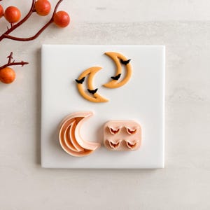 May include: Halloween-themed cookie cutters and decorations. The image features two orange crescent moons with black bat accents, a pink crescent-shaped cutter, and a pink rectangular mold with bat impressions. A sprig of orange berries is in the background.