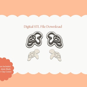 Pode incluir: Download de arquivo STL digital com dois cortadores de biscoito em forma de tartaruga e dois cortadores de argila em forma de tartaruga. A imagem inclui o texto "All Sizes Included Sharp .4mm Blade Polymer Clay Cutter."