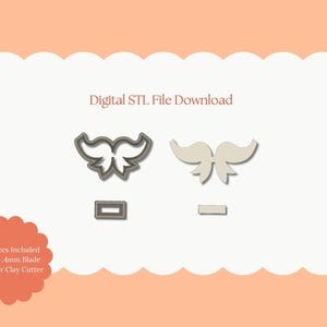 Op de afbeelding: Digitale STL-bestand download met twee snorvormige polymeerklei-uitstekers. De afbeelding bevat de tekst "Digital STL File Download" en "All Sizes Included Sharp .4mm Blade Polymer Clay Cutter."