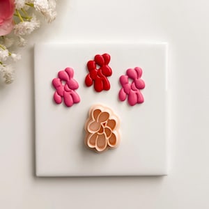May include: A selection of flower-shaped cookie cutters in shades of pink and red, displayed on a white surface. The cutters are in various sizes and designs, ideal for baking floral-themed treats.