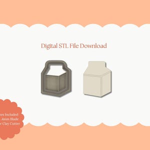 Può includere: Download di file STL digitale con un design a cartone del latte. L'immagine include un rendering 3D di un cartone del latte e un contorno di taglia biscotti. Il testo sull'immagine recita "All Sizes Included Sharp .4mm Blade Polymer Clay Cutter."