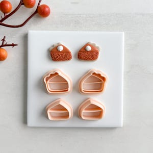 Può includere: Vista dall'alto di due piccole fette di torta di zucca con panna montata e quattro taglia pasta per crostate. Le fette di torta sono marroni con una crosta strutturata e panna bianca. I taglia pasta sono rosa chiaro e a forma di casa.
