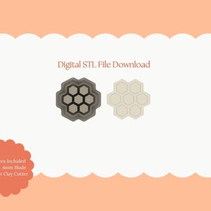 May include: Digital STL File Download image featuring two hexagonal polymer clay cutters. One is gray with black interior cells, the other is beige. Text includes "All Sizes Included Sharp .4mm Blade Polymer Clay Cutter."