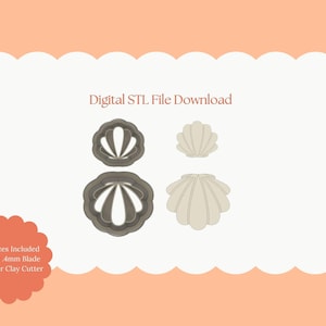 May include: Digital STL file download featuring four seashell-shaped polymer clay cutters. The image includes the text "All Sizes Included Sharp .4mm Blade Polymer Clay Cutter". The cutters are in various sizes and are displayed on a white background.