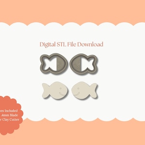 May include: Digital STL file download showing two fish-shaped cookie cutters and two fish-shaped cutouts. The cutters are grey, and the cutouts are off-white. Text includes "Digital STL File Download" and "All Sizes Included Sharp .4mm Blade Polymer Clay Cutter."