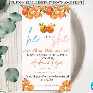 Invitación de revelación de género de Little Cutie, revelación de género, tema Little Cutie, Little Cute, invitación de revelación de género naranja