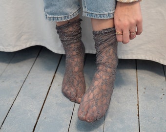 Lace Socks/Flower Socks/Sheer Socks/See Through Socks/Dress Socks/Charcoal