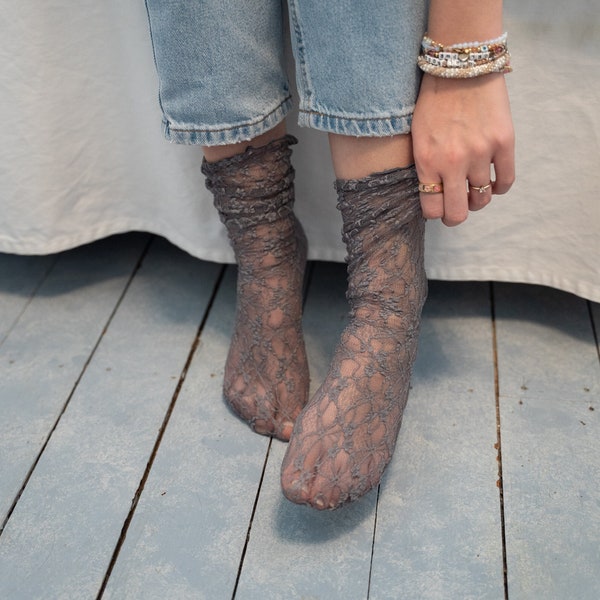 Lace Socks/Flower Socks/Sheer Socks/See Through Socks/Dress Socks/Charcoal