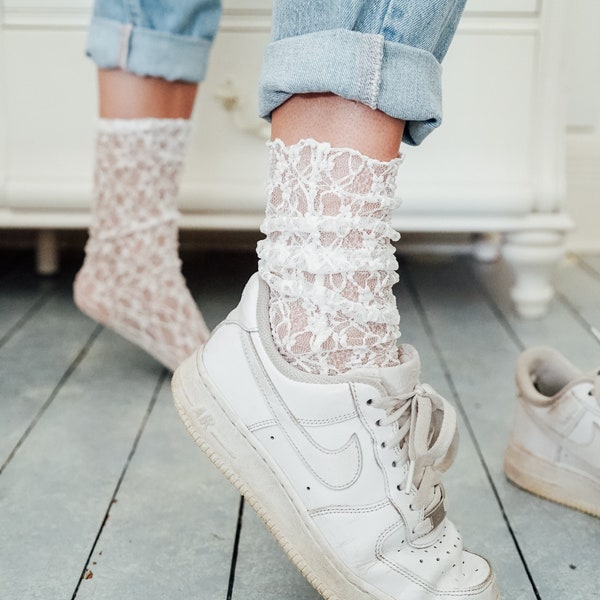 Chaussettes en dentelle/Chaussettes à fleurs/Chaussettes transparentes/Chaussettes transparentes/Chaussettes habillées/Chaussettes en dentelle Crew/