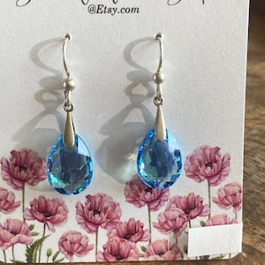 See Video Swarovski Crystal Faceted Pear Cut Aqua Shimmer Drop Earrings Sterling Handmade Crystal 925 Silver Perfect Gift Beautiful