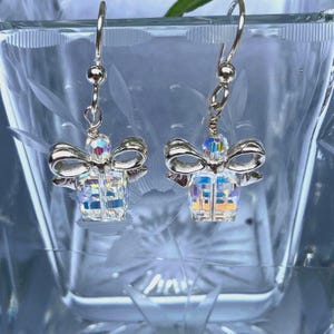 Sterling Swarovski Handmade Earrings Crystal AB Aurora Borealis .925 Sterling Silver Present Gift Cube Bow Pretty Dainty Cute