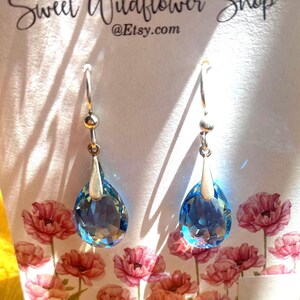 Swarovski Crystal Faceted Pear Cut Aqua Shimmer Drop Earrings Sterling Handmade Crystal 925 Silver Perfect Gift Beautiful