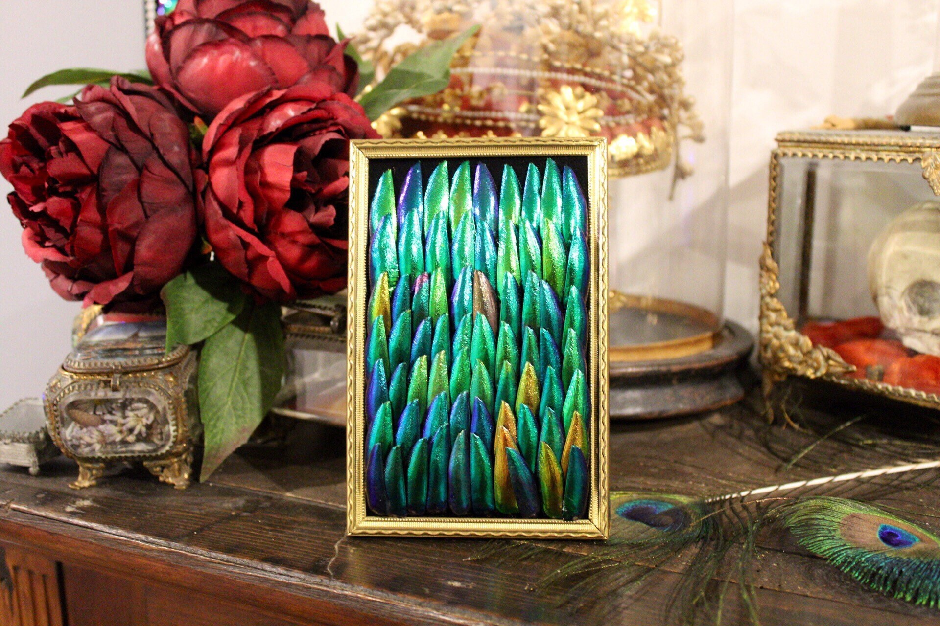 Cadre Baroque Doré Ailes Coléoptères Elytres Sternocera Cabinet Curiosité Entomologie Naturalisé Tax