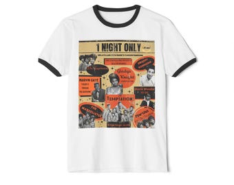 May include: White ringer t-shirt with a black trim. The front displays a vintage-style collage with the text "1 Night Only" and images of musical artists including The Supremes, Marvin Gaye, Gladys Knight, and Stevie Wonder.