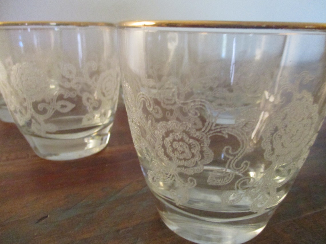 Vintage frosted etched glasses with gold trim set of 5 Etsy