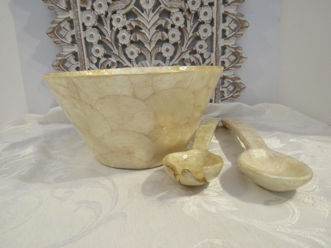 Vintage Capiz Shell Salad Bowl With Matching Spoon and Spork - Etsy