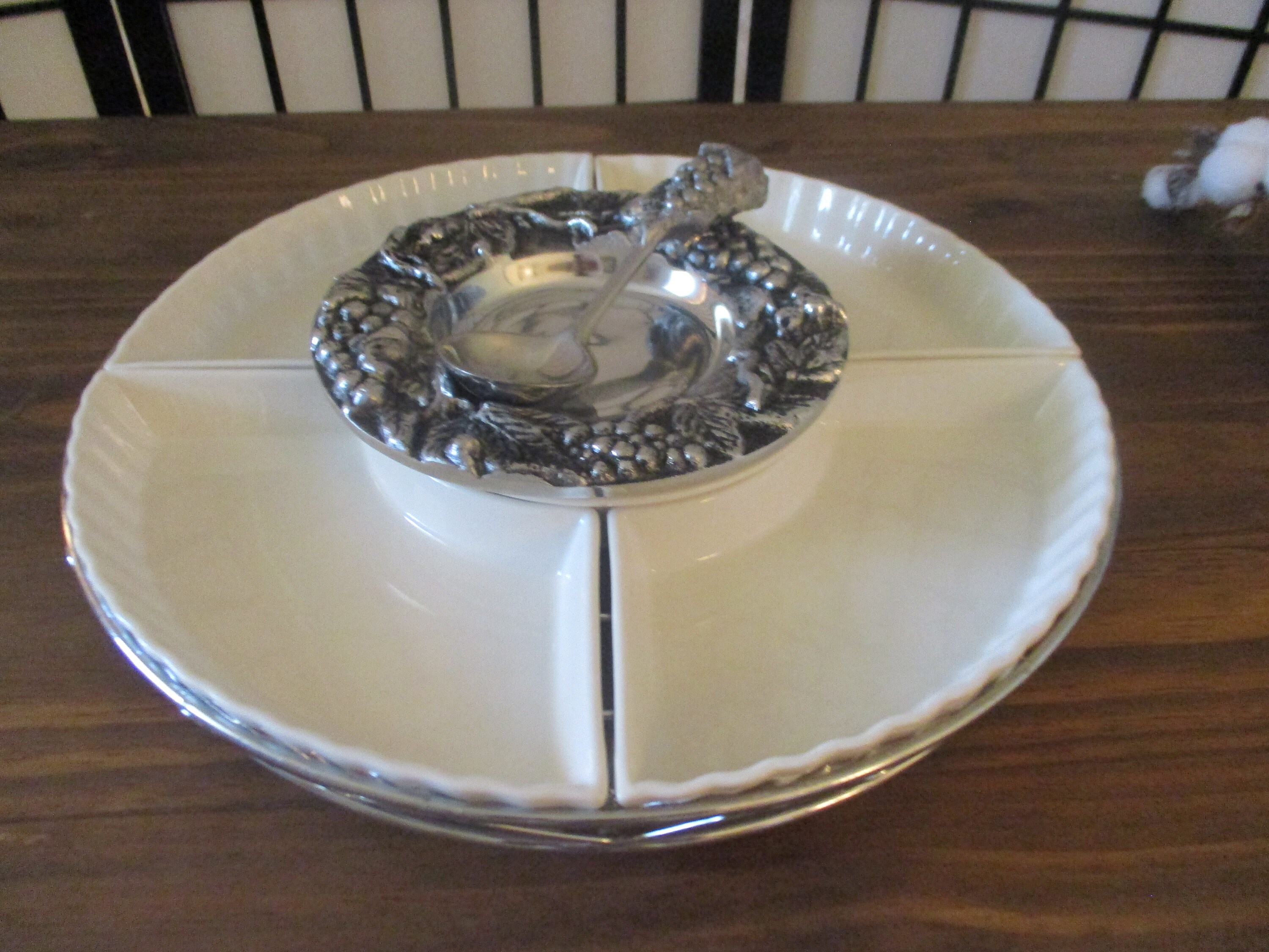 Vintage lazy Susan with pewter and ceramic plates serving Etsy