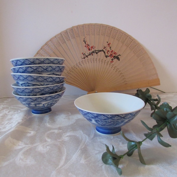 Porcelain Japanese rice bowls, blue and white rice bowls, set of 6