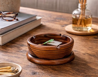 Vintage Hand Turned Wood Ashtray with Stand, Mid Century Rustic Decor, Carved Wooden Dish