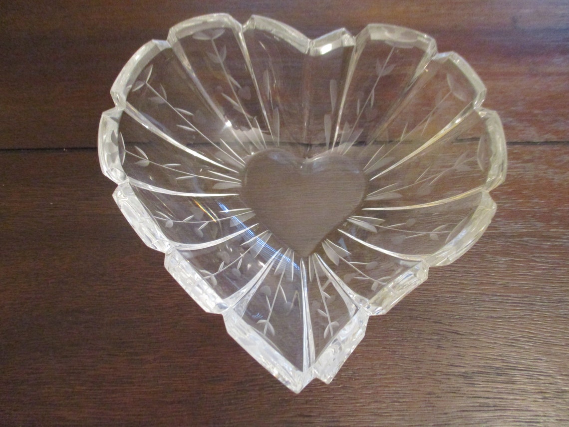 Vintage Glass Heart Candy Dish With Etched Design, Valentine Candy Dish