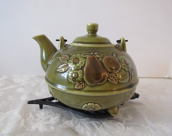 Ceramic teapot, Vintage Tilso green fruit themed ceramic footed teapot, Country Chic teapot, Kitchen teapot