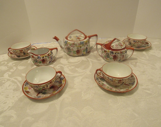 Antique Porcelain Japanese Geisha Tea Pot and Teacup Set With Creamer