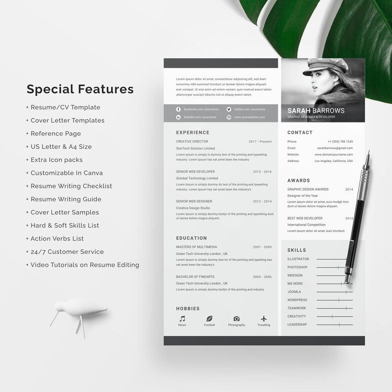 Editable Resume CV Template Custom Cover Letter Instant Digital ...