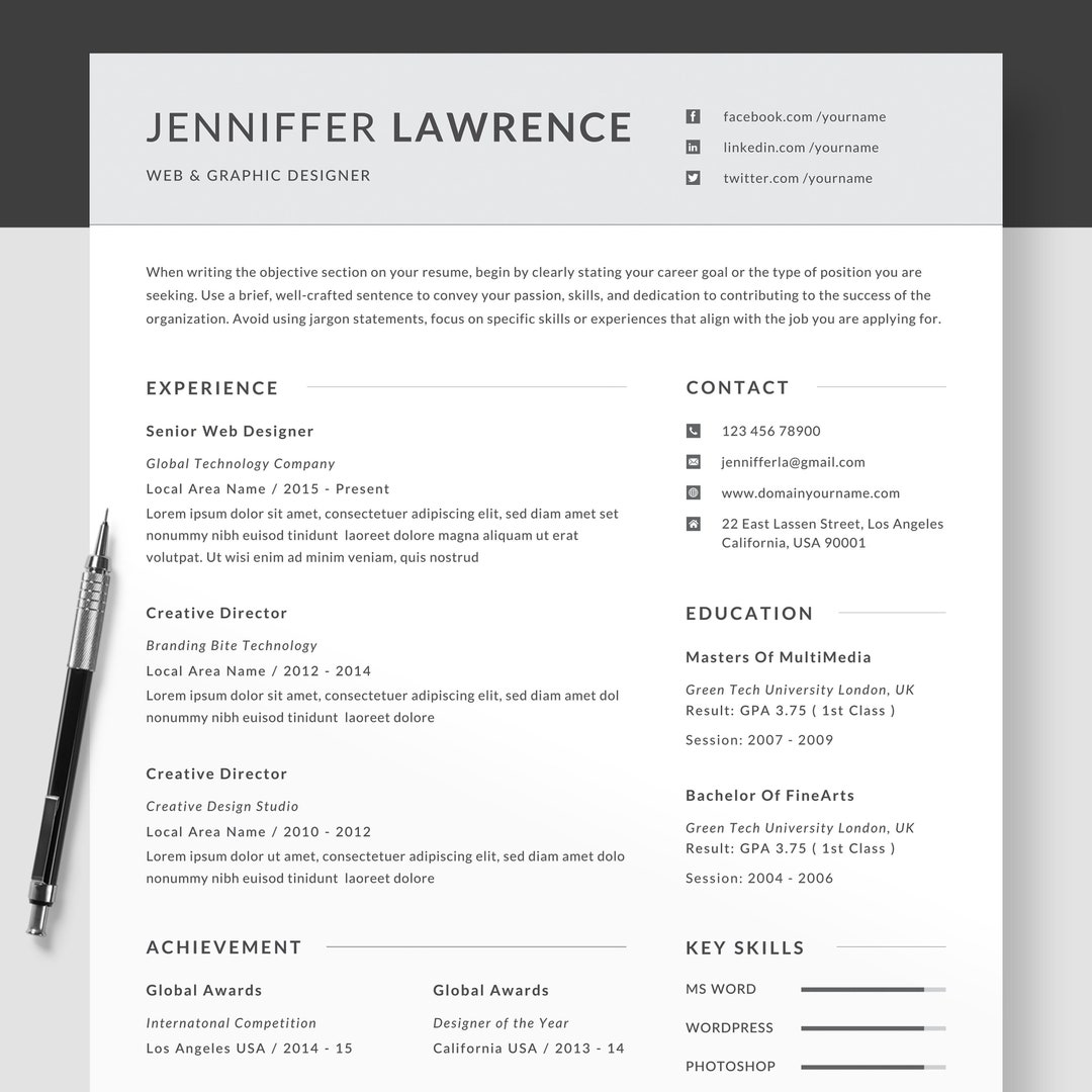 Resume CV Template Editable on Any Device Clean Resume Design ATS ...