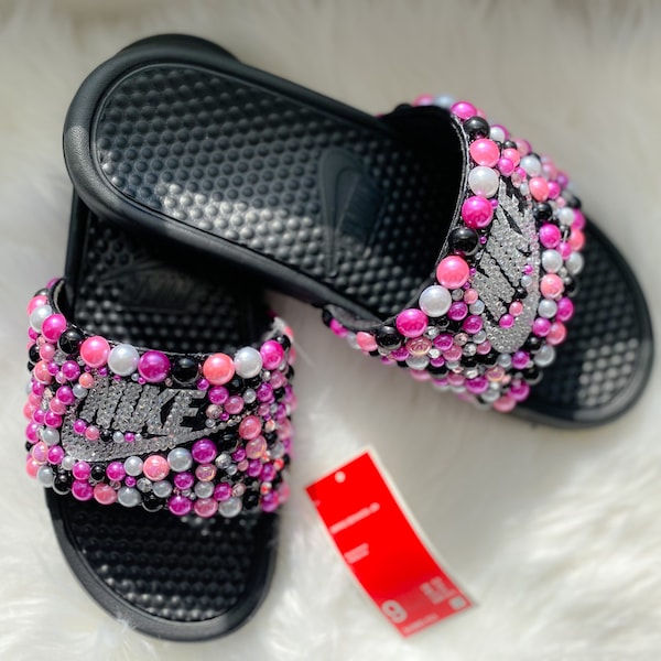 Nike Bling Slides ~ Hot Pink, Light Pink, Black & White