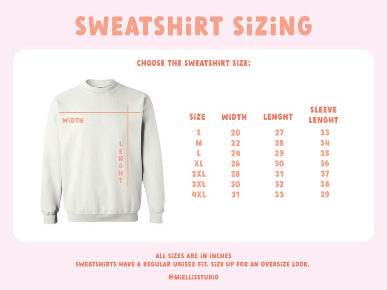 May include: A chart showing sweatshirt sizing in inches. The chart includes measurements for width, length, and sleeve length for sizes S through 4XL.