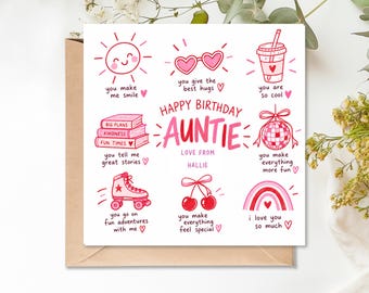 Personalisierte Geburtstagskarte für Tante von Nichte, Neffe oder Baby | Coole Tante-Karte | Alles Gute zum Geburtstag, Tante! | Süße, moderne Karte in Rosa und Rot