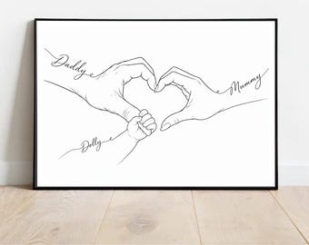 Personalised Family Print, Mum Dad & Children Hand Drawing, Custom Family Names Print, Family Heart Wall Art, New Baby Gift, Family Keepsake