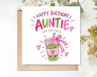 Personalisierte Geburtstagskarte für die Tante, Karte für Matcha-Liebhaber, süße Matcha-Geburtstagskarte mit Eis, cooles Geschenk für die Tante, Geburtstagskarte von Nichte oder Neffe