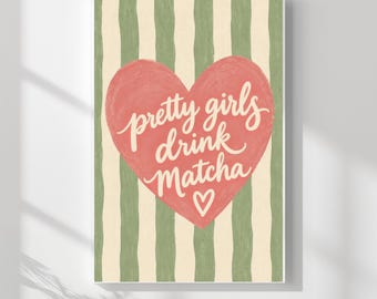 „Hübsche Mädchen trinken Matcha“-Kunstdruck, Wandbild für Matcha-Liebhaber, Niedlicher Küchendruck, Matcha-Poster, Wandbild in Rosa und Grün, Mädchenhafte Café-Deko