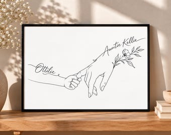 Personalisierter Druck für Tante und Nichte, Individuelles Geschenk für die Tante, Wandbild für Tante und Nichte, Geschenk für frischgebackene Tante, Familienbild (Linienzeichnung), Geschenk für die Tante