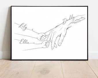 Personalised Daddy Print, Dad & Children Hand Drawing, Custom Names Father Gift, Daddy Birthday Gift, Father’s Day Print, Dad Keepsake