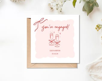 Tarjeta de compromiso personalizada con mensaje "Cheers" para novios, ...