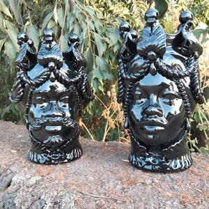 Ceramic Moor&#39;s Heads, Sicilian Moors, Moor&#39;s Heads Couple, Caltagirone Ceramics, Moor&#39;s Heads H 45, Sicilian Decorations, Ceramic Vases