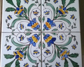 Hand-decorated Sicilian ceramic floral panel, consisting of 4 Pz