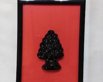 Sicilian pine cone, with wooden frame. Caltagirone ceramic, Sicilian decorations.