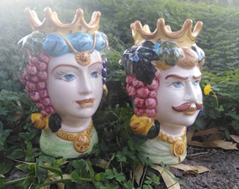 Pair of Caltagirone Moor's heads, height 25 cm,decorated exclusively by hand.