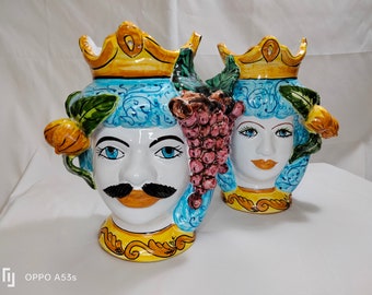 Pair of moor heads, ceramic moor heads, moor heads with fruit, Sicilian ceramic moor heads, handcrafted moor heads, Caltagirone ceramics