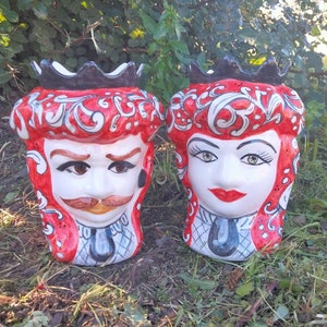 Pair of Moor&#39;s Heads, Sicilian Ceramics, Red Moor&#39;s Heads, Sicilian Decorations, Caltagirone Ceramics, Plant Holder, Flower Vase