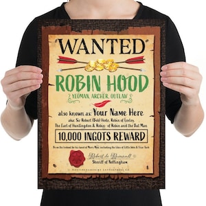 Póster personalizado de Robin Hood Wanted, póster de fiesta de Robin Hood, Robin Hood, el nombre de tu hijo está impreso en el póster.