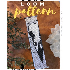 May include: A black and white bead loom pattern for a raven and runes bracelet. The pattern is displayed on a loom with beads in place. The text "Raven and Runes Bead Pattern" is below the loom.