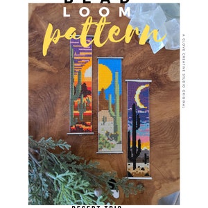 May include: Three colorful bead loom bracelet patterns featuring a desert landscape with cacti, a sunset, and a crescent moon. The patterns are titled "Desert Trio Bracelet Patterns" and include the website clovecreativestudio.etsy.com.