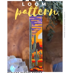 May include: A bead loom pattern for a bracelet depicting a desert sunset with a cactus in the foreground. The pattern is made up of orange, yellow, purple, and green beads.