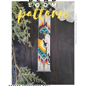 May include: A beaded loom pattern for a bracelet with a Southwest bull design. The pattern features a bull with turquoise, yellow, black, and red accents. The text "BEAD LOOM pattern" is in the upper centre, and "Desert Southwest Bull Bracelet Pattern" is at the bottom.