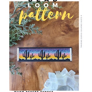 May include: A beaded bracelet pattern featuring a desert sunset with cacti silhouettes. The pattern is called "Warm Desert Sunset Bead Pattern" and is available on Etsy at clovecreativestudio.etsy.com.